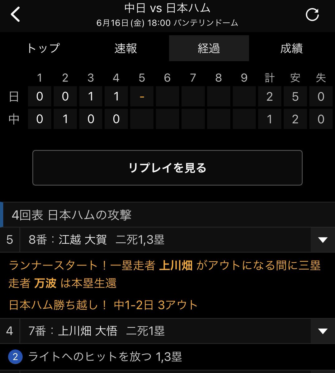 ◆23/06/16 中日×日本ハム／ダブルスチール。上川畑がわざとこけて取った1点。上川畑のズボン破れましたｗ