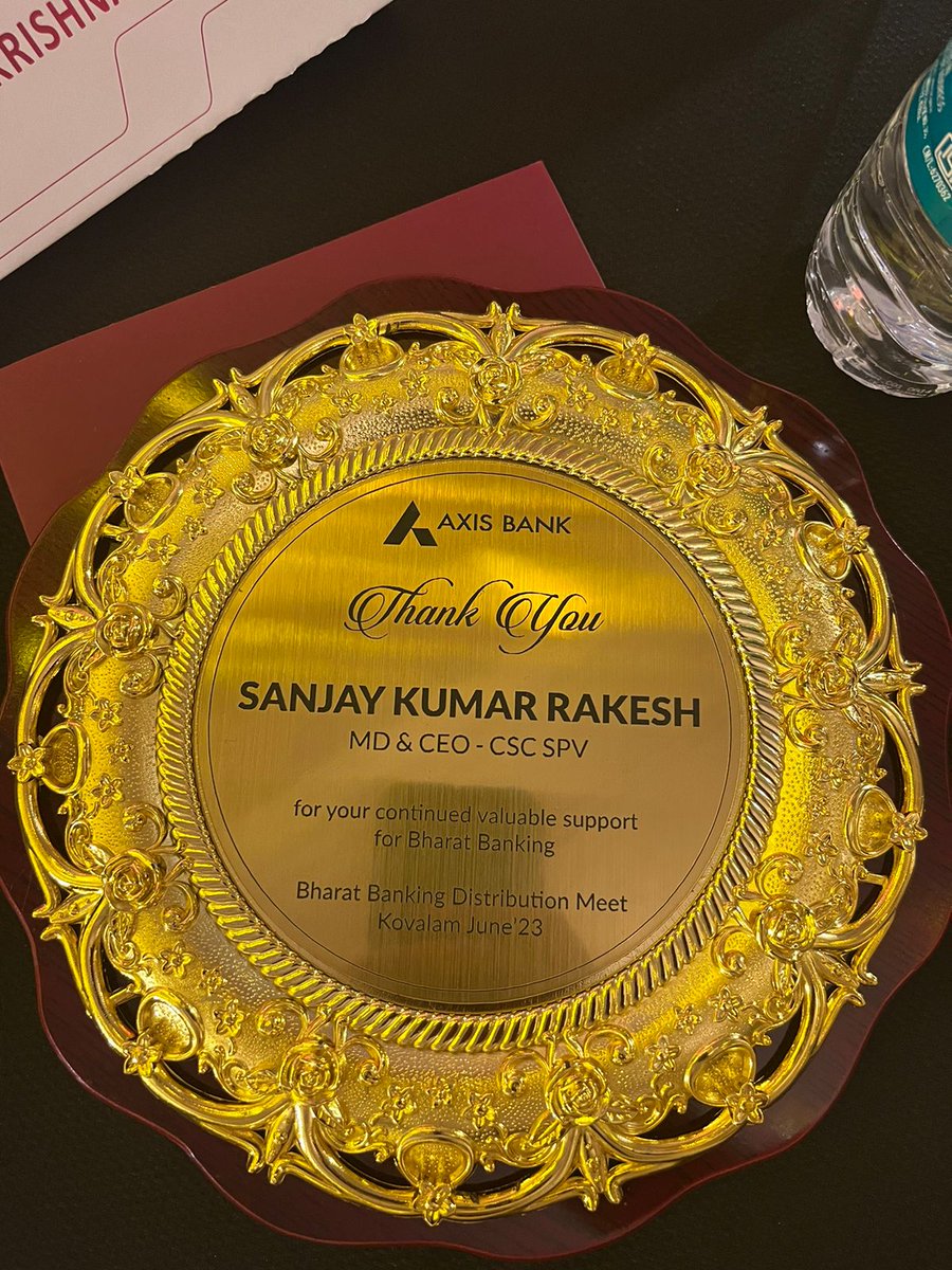 That's wonderful to hear!! 

Congratulations to CEO&amp;MD CSC-SPV Mr. Sanjay Kumar Rakesh for receiving an award from Axis Bank Bharat Banking Distribution Meet at the FY 2024 organized by Axis Bank at Leela Kovalam, Kerala.

#cscfinancialservices #csc #digitalindia #axisbank
