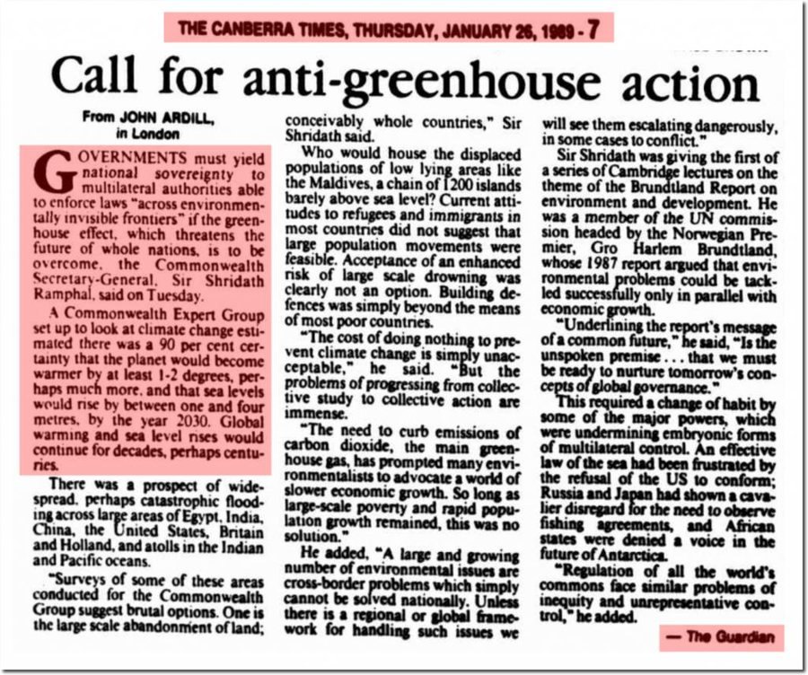 The #ClimateScam is nothing new. Unelected globalists have been using it as an excuse to usurp national sovereignty and individual freedoms, for decades. This is from 1989.

'Governments must yield national sovereignty to multilateral authorities... if the greenhouse effect,…