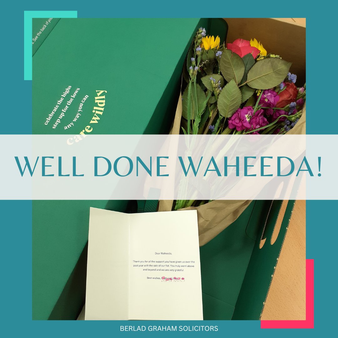 We are so grateful to have the most amazing clients. These beautiful flowers have been sent for our Head of Commercial Property, Waheeda Joomun. Very well done Waheeda. 

#BerladGrahamSolicitors #thankyouclients #happyclient #solicitors  #lawfirm #lawyer