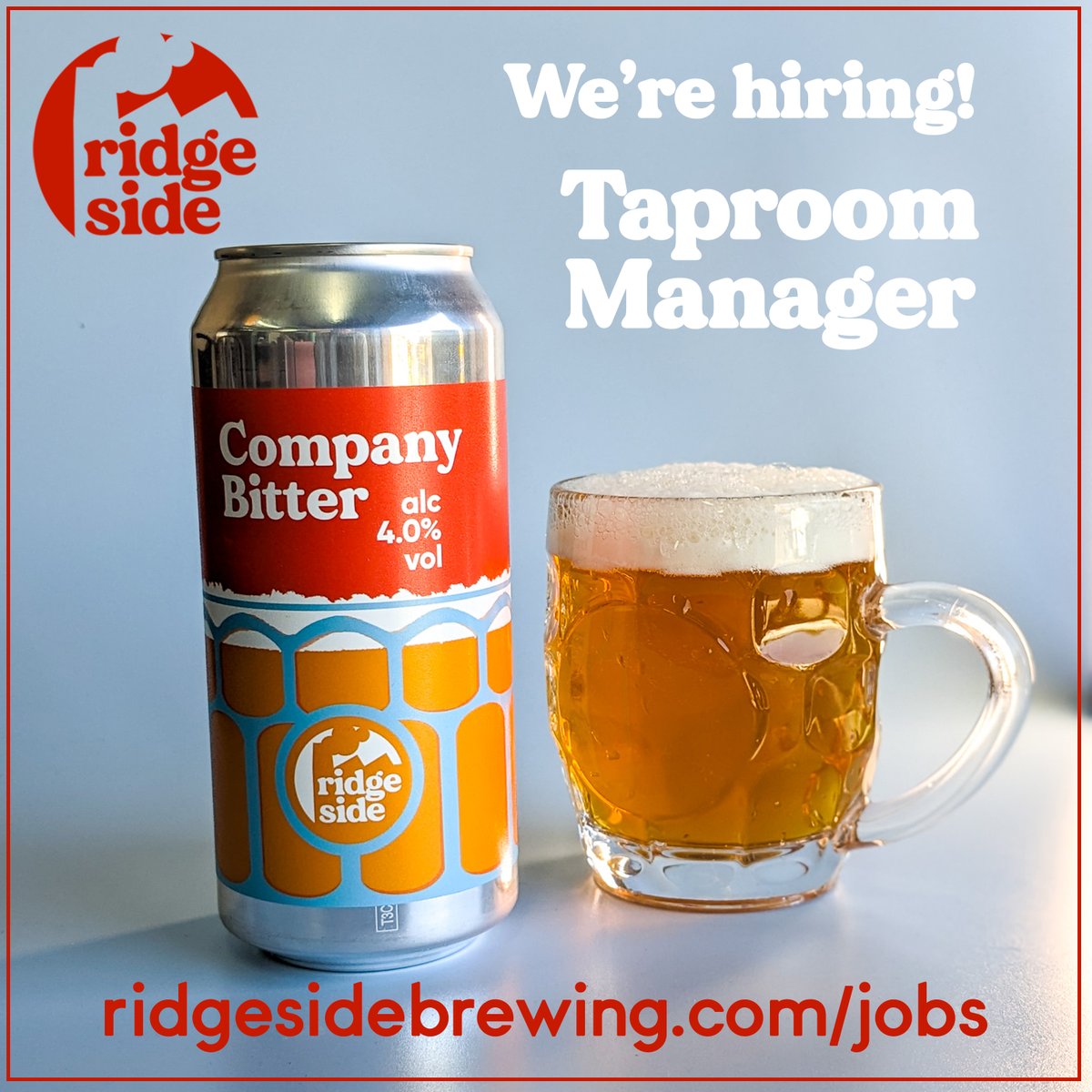 WE'RE HIRING! Fancy working with us? Head to ridgesidebrewing.com/jobs for more details, or join us at our Taproom this Saturday 17th for a chat, a pint and a (vegan) sausage roll. Cheers!