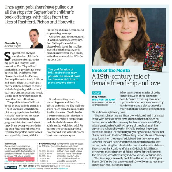 WHAT?! Yours From the Tower is the September Book of the Month in @thebookseller!! Thank you, thank you, @CharlotteLEyre! @AndersenPress
