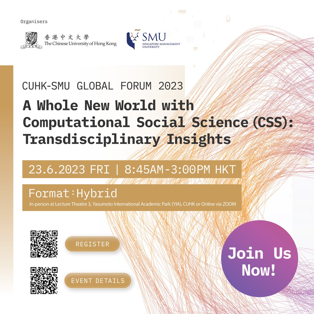 CUHKofficial's tweet image. In this Global Forum co-organised by CUHK and @sgSMU, #socialscientists and practitioners from the region will meet to share what they know and what have been done in defining #societalissues and addressing related challenges in #ComputationalSocialScience bit.ly/42HNwjV