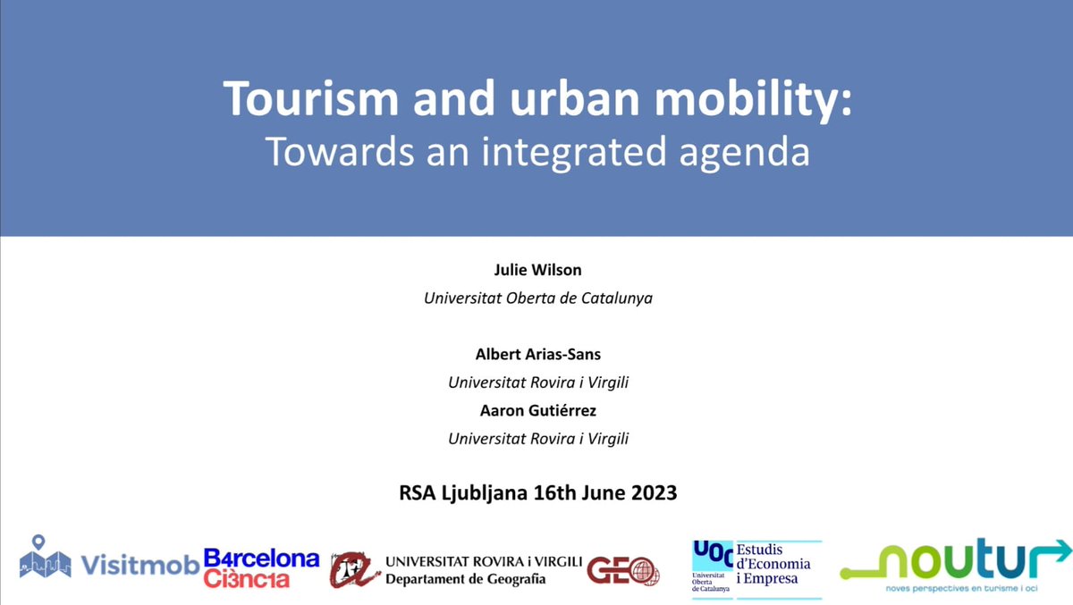 📣#Visitmob project results travel to #Ljubljana 🇸🇮! <a href="/Jules_C_Wilson/">Jules Wilson</a> presents "#Tourism and urban #Mobilities: Towards an Integrated Governance Agenda", together with <a href="/AaronGutierrezP/">Aaron Gutiérrez</a> &amp; @albertarias_, in the #RSA23 session #Sustainable Tourism 3: #Governance and #Futures
🕙16:50h