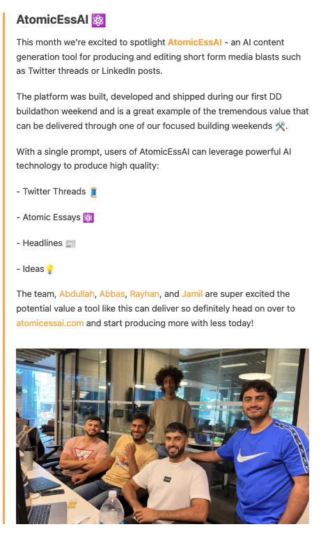 AtomicEssai's tweet photo. We got featured in the @DeenDevelopers newsletter! 🎉🥳

AtomicEssai was made to help you:
a) Generate awesome content which would capture your followers ✍️
b) Use AI to teach you how to write good content with hints/tips and a good base to start 📖

#ship30for30 
#learninpublic https://t.co/020fe1Kdi3