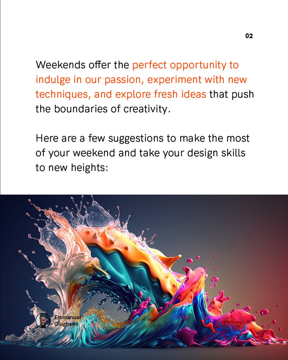 EmmaOlugbemi's tweet image. Happy Friday, designers and creatives! Here's how to make the most of your weekend:

1️⃣ Play and Experiment: Embrace freedom and let your imagination run wild. Try new tools and colour palettes.

#GraphicDesign #DesignInspiration #WeekendCreativity #design #DesignThinking