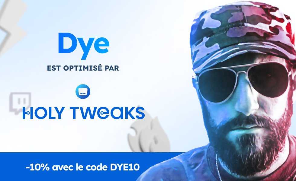 🌌
Nous sommes honorés d'annoncer notre partenariat avec <a href="/Rx_Dye/">Dye 🚀</a> qui rejoint les rangs d'Holy Tweaks ! 🚀

⭐️ Découvrez son univers toutes les semaines en stream juste ici :  twitch.tv/dye_live
