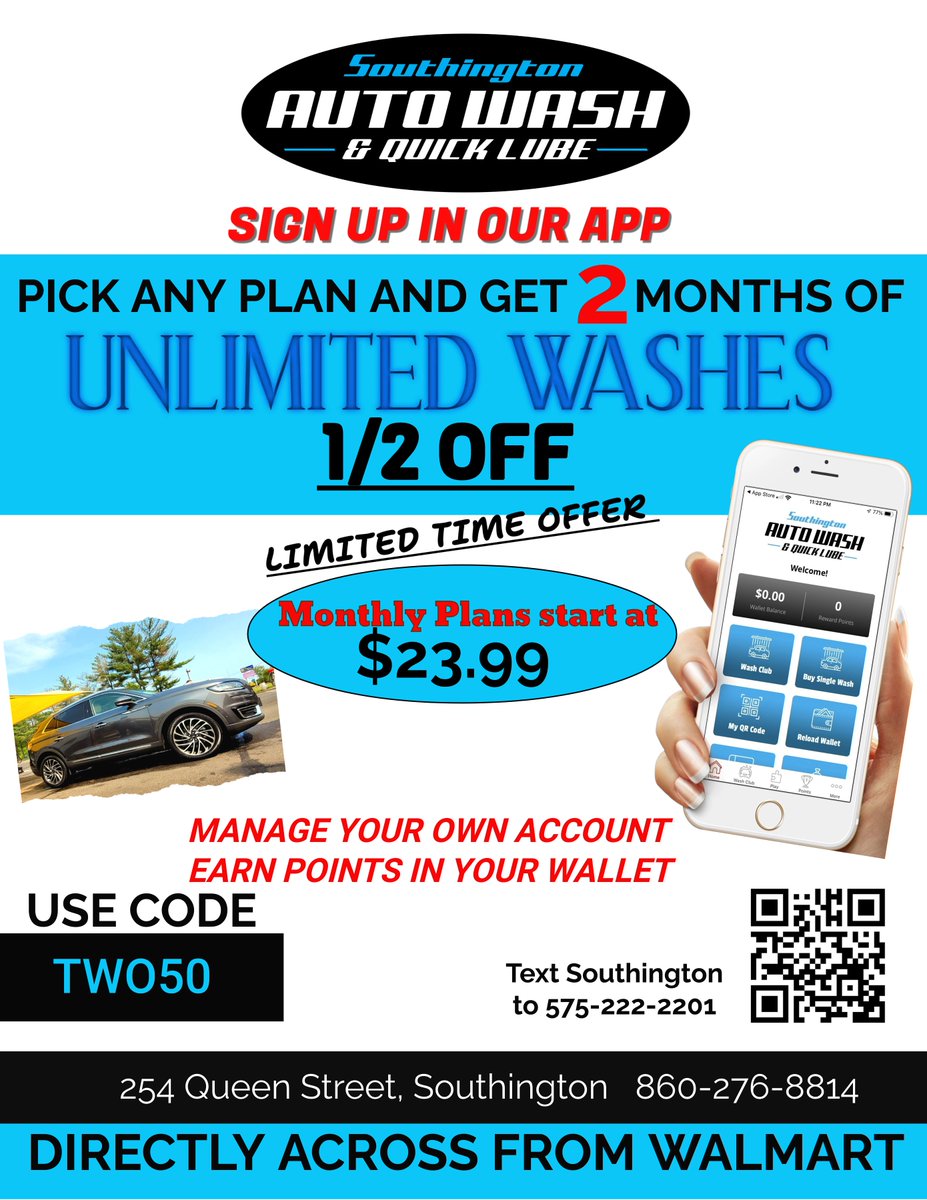 Take advantage of this limited time offer only available on our Mobile App. Save up to 50% on your 1st two months on any Unlimited Wash Plan. Use code TWO50 
#SouthingtonCT #southingtonautowash #carwash #deals #BristolCT #oilchangeservice #brakeservice #shoplocal #detailing