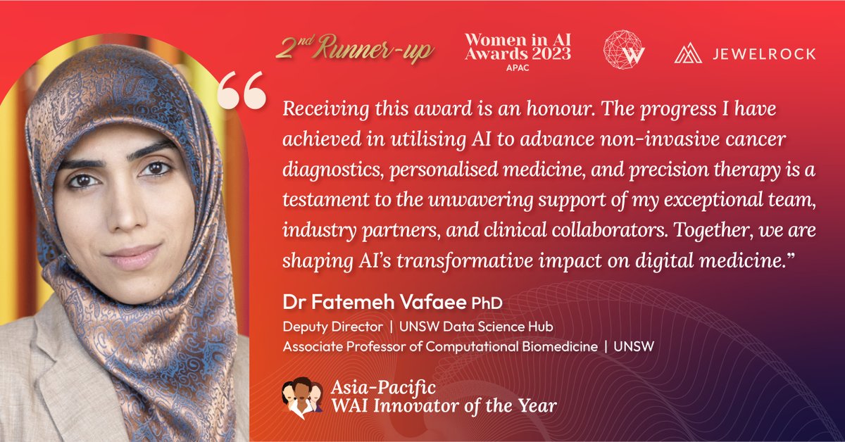 Women in AI (@women_in_ai) on Twitter photo 🏆2ND RUNNER-UP - WAI INNOVATOR OF THE YEAR AWARD🏆
Congratulations to Dr Fatemeh Vafaee from Australia on winning 2nd runner-up WAI Innovator of the Year Award!🎉
Co-presented by Dr Ian Oppermann & Dr <a href="/catrionawallace/">Dr Catriona Wallace</a>
Thanks to our partner NSW Government.💥#WAIAwards2023APAC 🏆2ND RUNNER-UP - WAI INNOVATOR OF THE YEAR AWARD🏆
Congratulations to Dr Fatemeh Vafaee from Australia on winning 2nd runner-up WAI Innovator of the Year Award!🎉
Co-presented by Dr Ian Oppermann & Dr <a href="/catrionawallace/">Dr Catriona Wallace</a>
Thanks to our partner NSW Government.💥#WAIAwards2023APAC