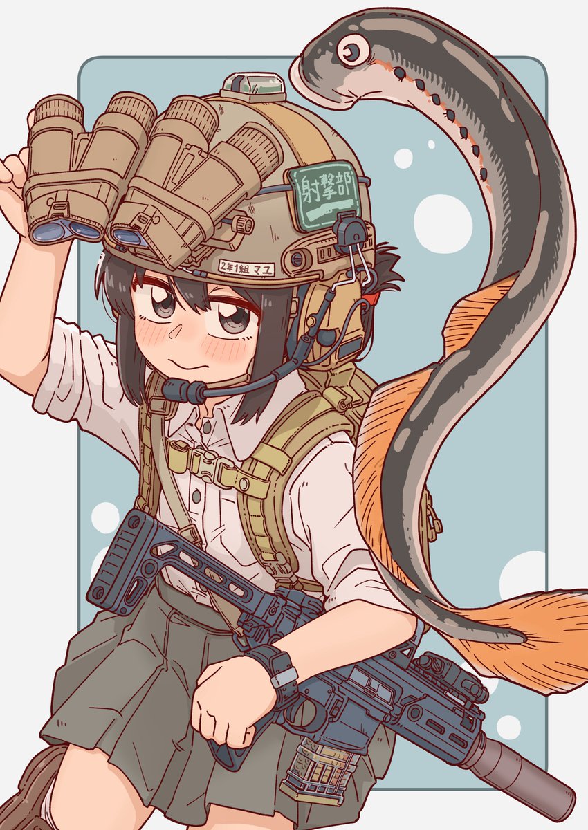 1girl weapon gun skirt solo rifle helmet  illustration images
