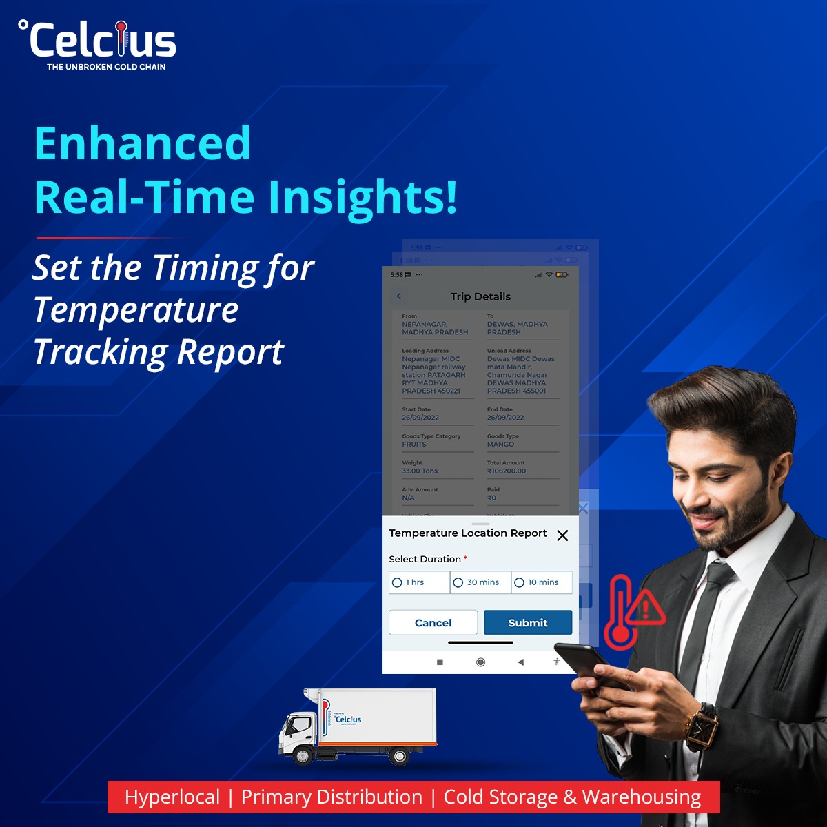 With our Vehicle Tracking System, get enhanced real-time insights into your shipments. You can easily set the timing interval for when you want to receive the temperature tracking report.

#celciuslogistics #supplychain #coldstorage #coldchain #trackingsystem #temperaturetracking