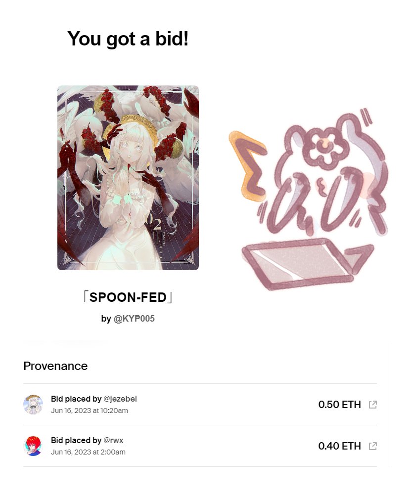 I keep waking up to more surprises aaaaa
The auction for ✦ 𝑺𝒑𝒐𝒐𝒏-𝑭𝒆𝒅  🍽 is on the way!! 
😭✨🍽

My utmost gratitude for <a href="/robek_world/">rwx</a> for starting bids on my pieces, and super big love for <a href="/izebel_eth/">jez (blast era)</a> !! nice to meet you💕