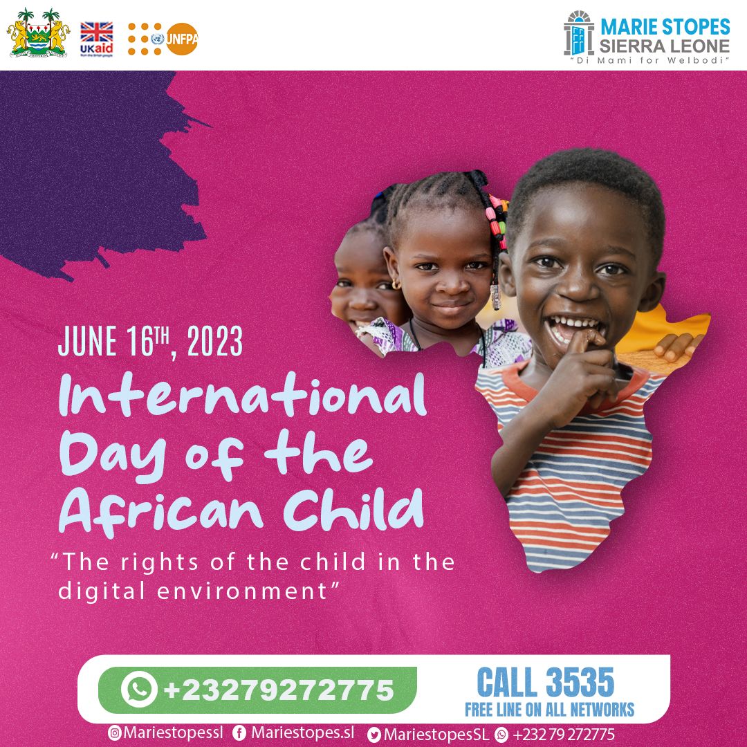mariestopes_sl's tweet photo. 🌍Today is African Child's Day, a day to celebrate the resilience, potential, and rights of every child across the continent. At Marie Stopes Sierra Leone, we stand for the health and empowerment of African children. 
 #Withyouforeverystage! #AfricanChildsDay #MarieStopesSL🌟💙 https://t.co/MiQtCSPb73
