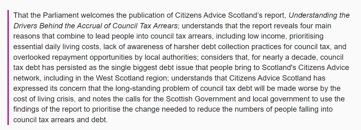 CitAdviceScot's tweet photo. Thanks to @PFOKane for lodging this motion in @scotparl about our research into the drivers of council tax debt. You can read the report here: https://t.co/FQV6S9cksB https://t.co/LU3evFTdyE