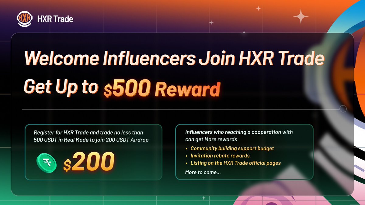 BitChatAI's tweet photo. 🎉Welcome Influencers Join HXR Trade & Get Up to $500 Welcome Reward🎁

📅Duration:
June 16, 2023 - June 30, 2023

👀Campaign Link:
Galxe: https://t.co/HODSAAW6lF

QuestN: https://t.co/vzAgQ06MDf

Cassava: 
https://t.co/IL7NH8mws4

Rewards:
1️⃣ 200 USDT for trade on HXR Trade Real Mode
2️⃣ Up to 500 USDT for influencers each who cooperation with HXR Trade
3️⃣ More rewards for influencers' trading community!

#HXRTrade #Giveaway #Bitcoin #Ethereum #Galxe #QuestN #Cassava