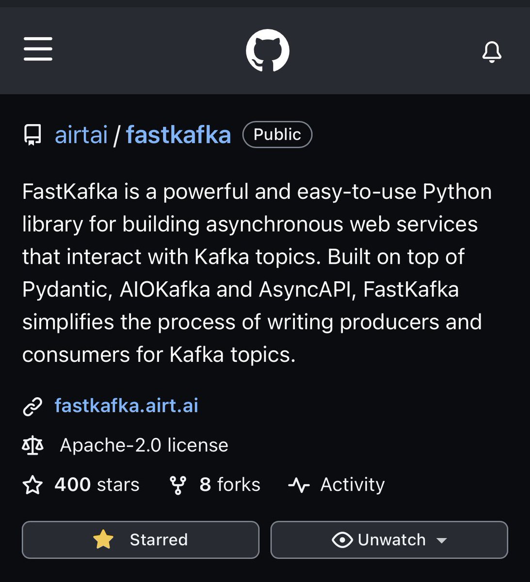 OMG! 🤩 400th star on #GitHub! 🌟🌟🌟

Thanks to all contributors and users of #FastKafka. Your support is greatly appreciated & your feedback has been invaluable! 🙌

FastKafka: bit.ly/FastKafka
Discord: bit.ly/airtdiscord

#Python #Kafka #devtool #datainmotion