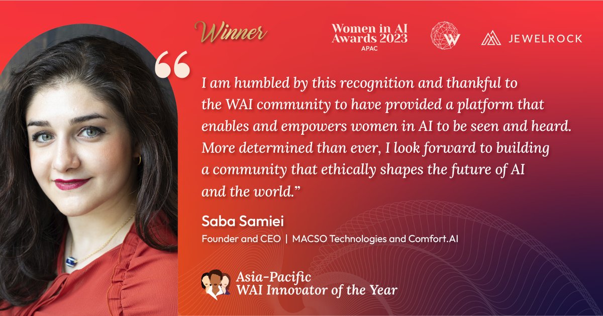 🏆WINNER - WAI INNOVATOR OF THE YEAR AWARD🏆
The WAI Awards 2023 APAC - WAI INNOVATOR OF THE YEAR is Saba Samiei!!🎉🎉

Co-presented by @Stela Dr @catrionawallace @HelenMLFrazerAI ⭐️

Thanks to our partner #NationalAICentre @CSIRO for their support!💥 #WAIAwards2023APAC