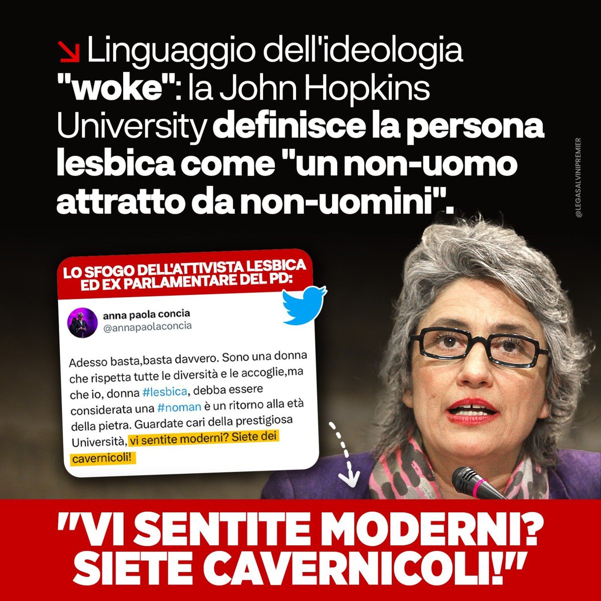 matteosalvinimi's tweet photo. Condivido le parole di Anna Paola Concia, che certo non può essere accusata di scarso "progressismo": la follia dell'estremismo woke arriva ad annullare tutte le identità, compresa quella delle donne lesbiche, ed è grave che questo movimento si diffonda nelle università.
Se tutto è liquido e indistinto, nella strumentalizzazione ideologica della sessualità, alla fine si cancella l'individuo. Un esito nichilistico che rappresenta un grave pericolo in una società sempre più lacerata e priva di punti di riferimento, e che va combattuto.