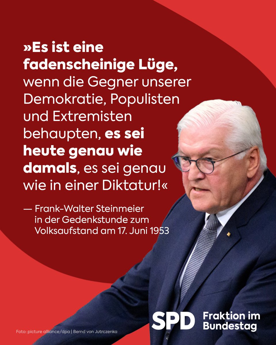 spdbt's tweet photo. „Unser Grundgesetz garantiert heute all das, wofür Menschen in der DDR damals aufgestanden sind: Meinungs- und Versammlungsfreiheit, Pressefreiheit, freie Entfaltung der Persönlichkeit, Religionsfreiheit“, betont der Bundespräsident heute in der Gedenkstunde zum Volksaufstand. https://t.co/qma3Ecjs2F