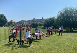 LibertyPrimSch's tweet photo. The children asked if we they could have more activities at lunch and we listened. The have the fitness equipment, sand pit is re-opened,  sports happening on the astro-turf as well as the trim trail!! https://t.co/HlEGYqOaMj