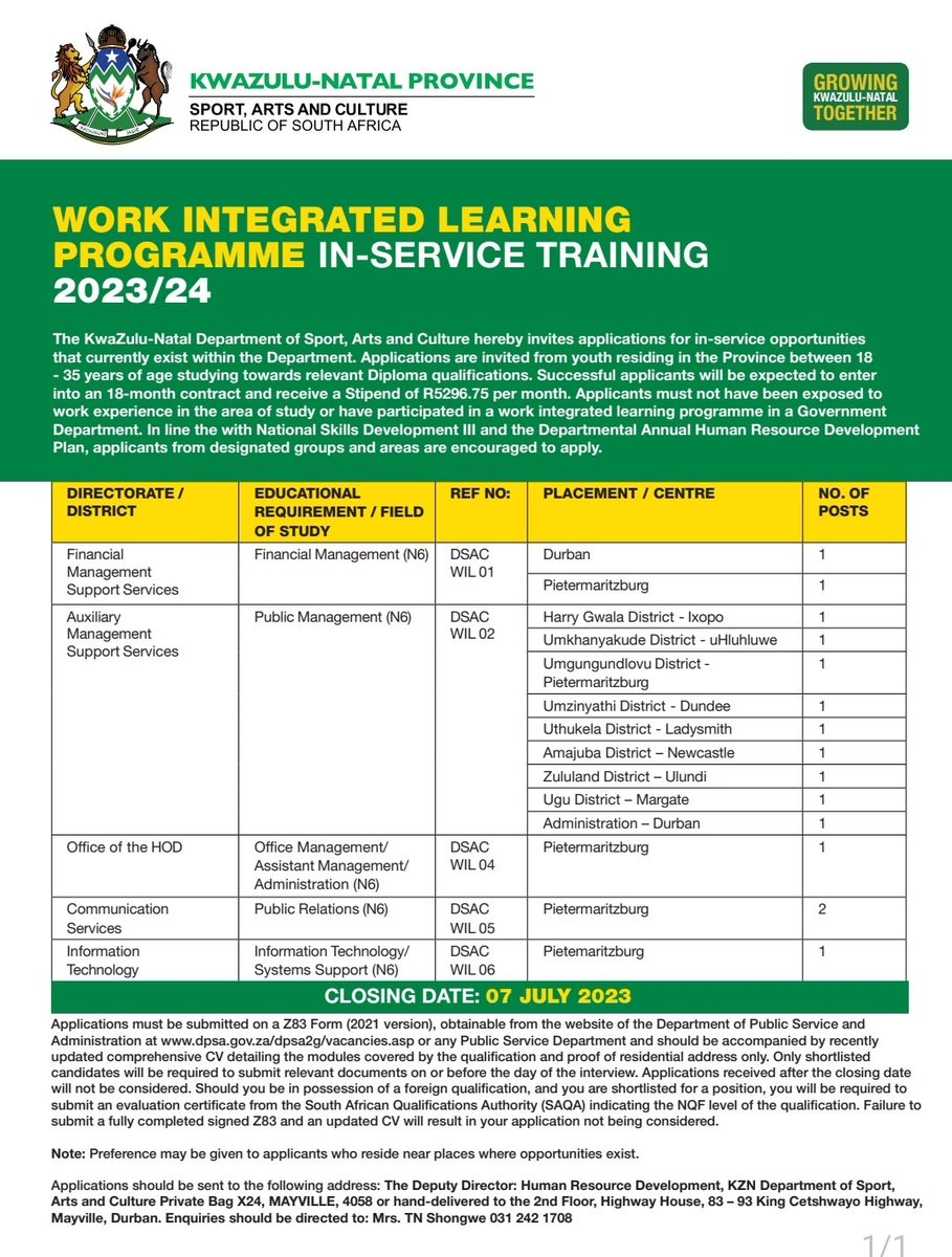 @SportArtsKZN invites applications for in-service opportunities that 
exist within the Department. Applications are invited from youth residing in the Province between 18 - 35 years of age studying towards relevant Diploma qualifications. #skillsdevelopment  #activeandwinningKZN