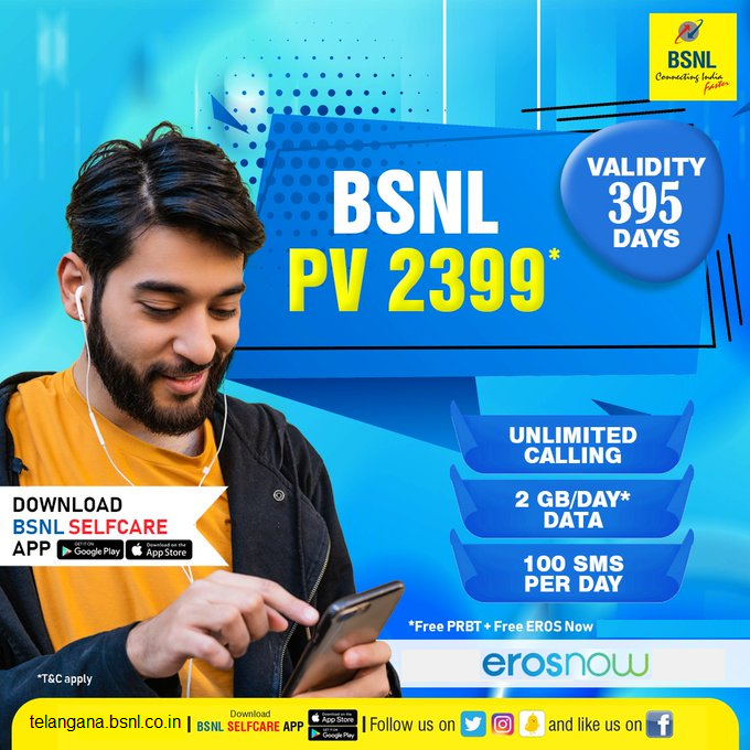 bsnl_tt's tweet photo. Recharge for #PV2399 &amp; enjoy 
📌 2GB of Data/day, 
📌 100 SMS/day
📌 Unlimited calling, and much more 
📌 Validity 395 days. 

 #RechargeNow #BSNL https://t.co/ywrwOtHvqD