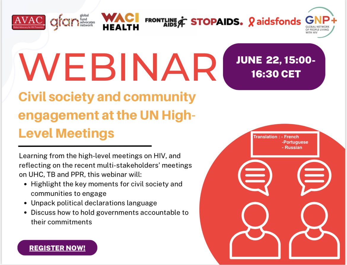 gnpplus's tweet photo. What are the opportunities for engaging as communities and civil society at the upcoming HLM on #UHC, #TB & #PPPR? 

Join the webinar organised by @HIVpxresearch @GFadvocates @WACIHealth @frontlineaids @STOPAIDS @Aidsfonds_intl @gnpplus 
to find out. 

Register here ➡️ https://t.co/M7GxNzmOf1