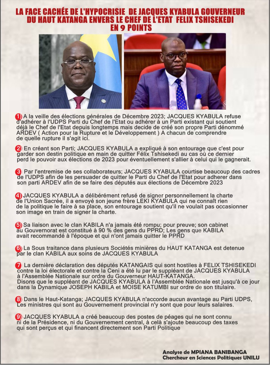 🛑🛑 UNION SACRÉE 🛑🛑
La face cachée de l'hypocrisie de <a href="/JacquesKyabula/">Jacques Kyabula Katwe</a> Gouverneur du Haut Katanga envers le chef de l’État <a href="/fatshi13/">Félix A. Tshisekedi</a> en 9 points !
<a href="/bembajp/">Jean Pierre Bemba</a> <a href="/VitalKamerhe1/">Vital Kamerhe</a> @CMbosoNkodia <a href="/LukondeSama/">Sama Lukonde</a>