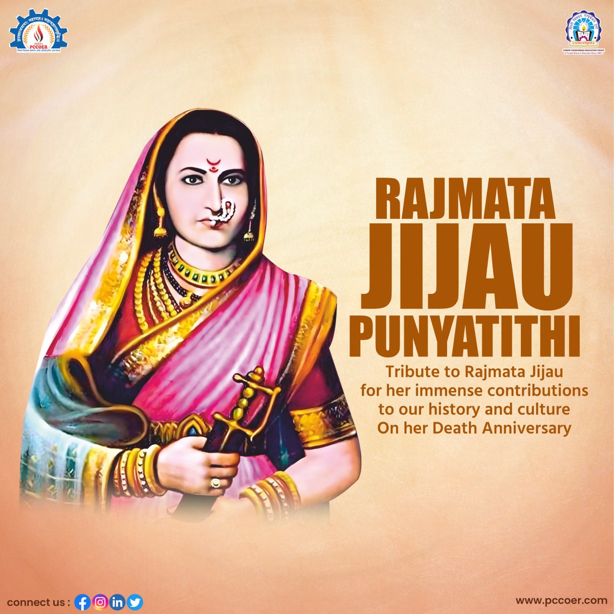 Let's pay #tribute to #𝑹𝒂𝒋𝒎𝒂𝒕𝒂𝑱𝒊𝒋𝒂𝒖 on her #DeathAnniversary for her immense contributions to our history & culture. 

#PCET #PCCOER #jijau #maharashtra #shivajimaharaj #shivray #maratha #swarajya #pune #jijaumata #JayJijauJayShivray #DeathAnniversary