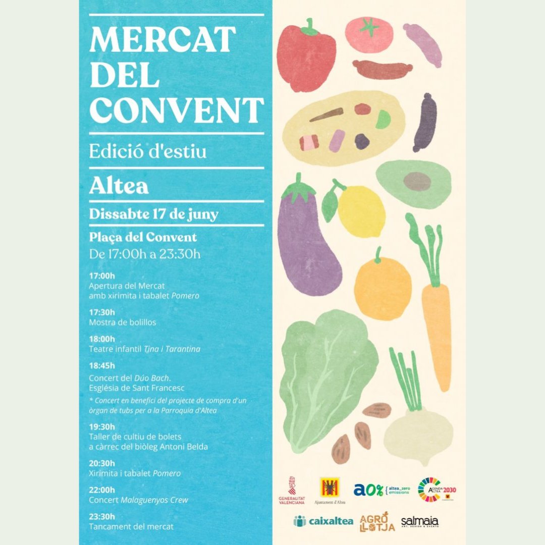 🍊🍋 Mercat del Convent - Estiu
📆 17 Juny
⌚ 17 a 23:30 hores
📍 Plaça del Convent - Altea
#comerciolocal #mercado #MercadoDeProductores #mercadodeproximidad