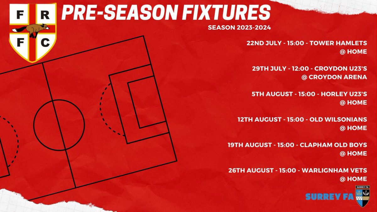 PRE SEASON INCOMING

3 weeks to go until we’re back on the grass. Lots of behind the scenes work happening at the moment and we’re delighted to share our pre-season fixtures today 

Preseason starts 6th July - if your interested in joining us, get in touch