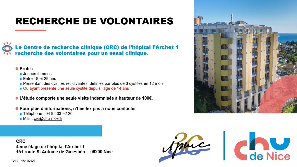 CHUdeNice's tweet photo. #Recherche sur les #cystitesrécidivantes
🙋♀️Le Centre de #rechercheclinique (CRC) du #CHUdeNice recherche des #volontaires pour participer à un #essaiclinique.
📌L’étude comporte une seule visite indemnisée.
Détails ci-dessous 👇
ℹ️ 04 92 03 92 20 / crc@chu-nice.fr
#cystite https://t.co/9jE4DyB3DQ