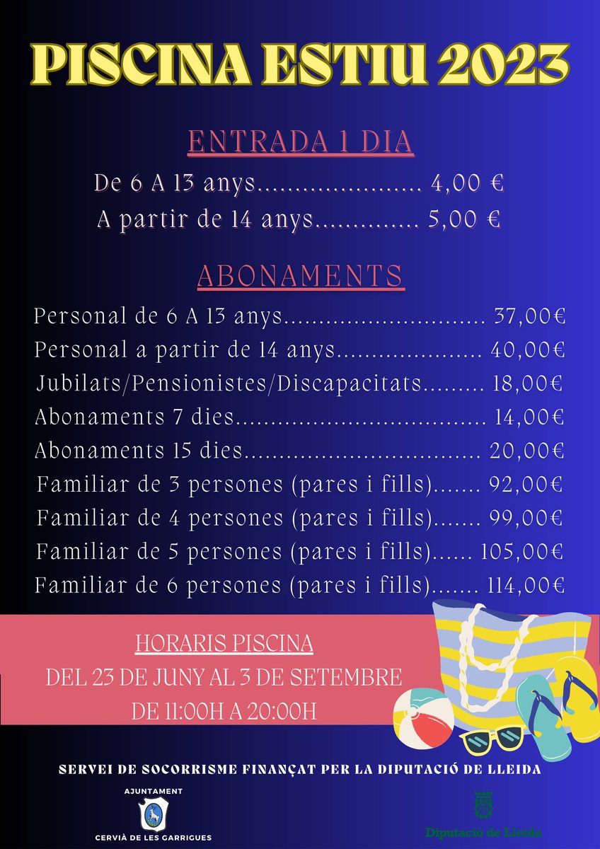 El proper 23 de Juny obertura de les Piscines Municipals!! 
.
A partir del dilluns dia 𝟏𝟗 𝐝𝐞 𝐣𝐮𝐧𝐲, podeu passar per l'Ajuntament de 9h a 14h a fer el vostre abonament!! 
.
Es pot pagar amb 𝐭𝐚𝐫𝐠𝐞𝐭𝐚 (preferiblement) o bé en 𝐞𝐟𝐞𝐜𝐭𝐢𝐮 (millor import just).