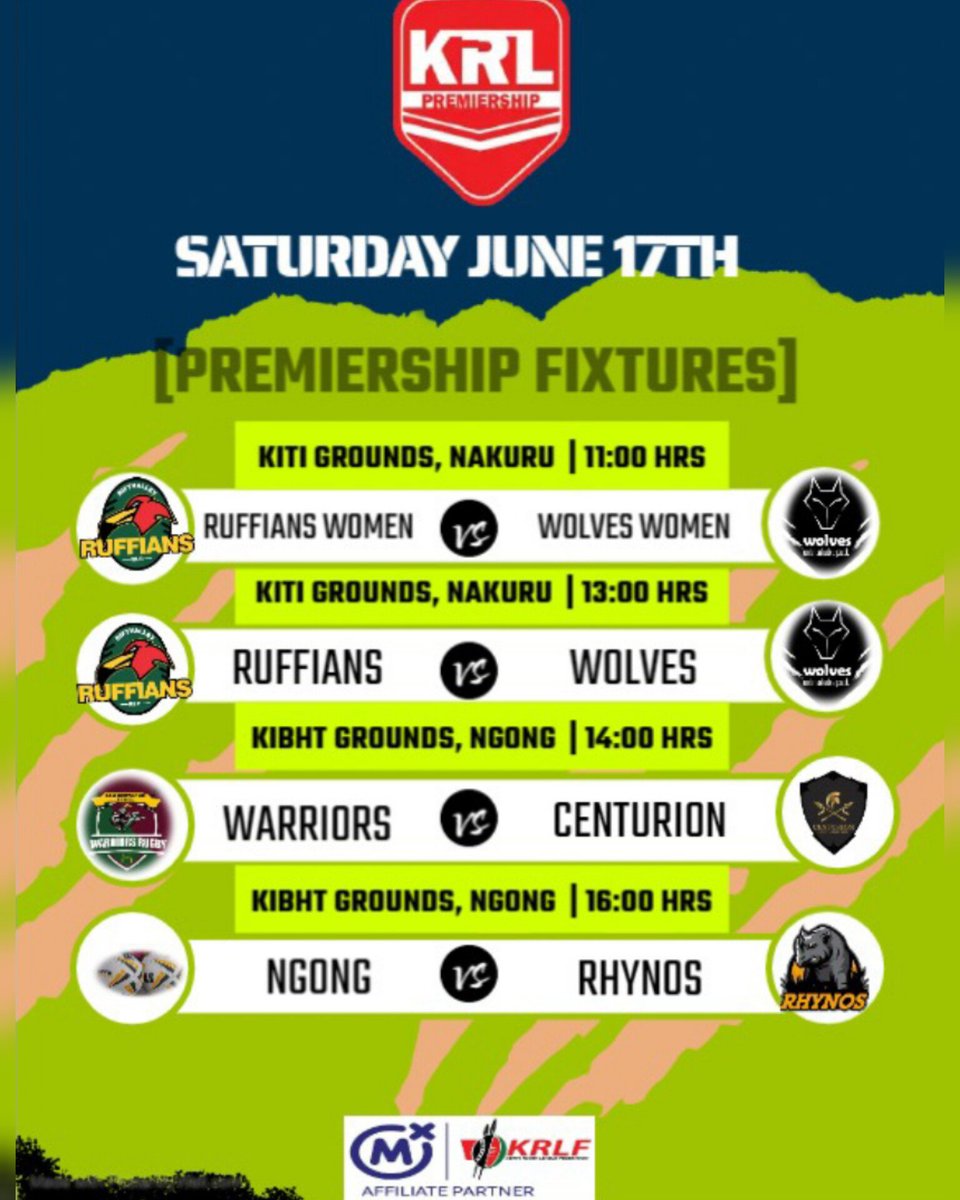 Top of the table clashes this weekend in Nakuru!

Full caption below:
instagram.com/p/CtjGuYSLpeA/…

#krl #krlf #playrugbyleague #womeninleague #rugbyleaguewomen #womensrugbyleague    #rugbyleague #rugbyleaguekenya #mearugbyleague #nrl #nrlw #mozzartbet