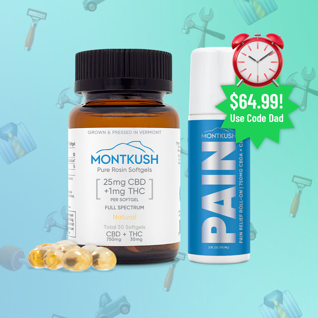 ⏳ Only 72 hours left! Get Dad the perfect gift - our Father's Day bundle. He unwinds, you love the results! 💆‍♂️ CBD+THC softgels at $54.99 and pain relief roll-on for just $10. Use code 'DAD' at checkout. 🎁 Click the link to shop now! ⏰ #FathersDay #MONTKUSH #CBD #THC