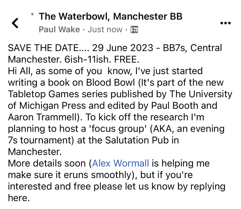 #bloodbowl 7s event coming on 29/6 run by @pfwgames 

BB event and the start of Paul’s research for his book!

The venue: 
thesalutationpub.com