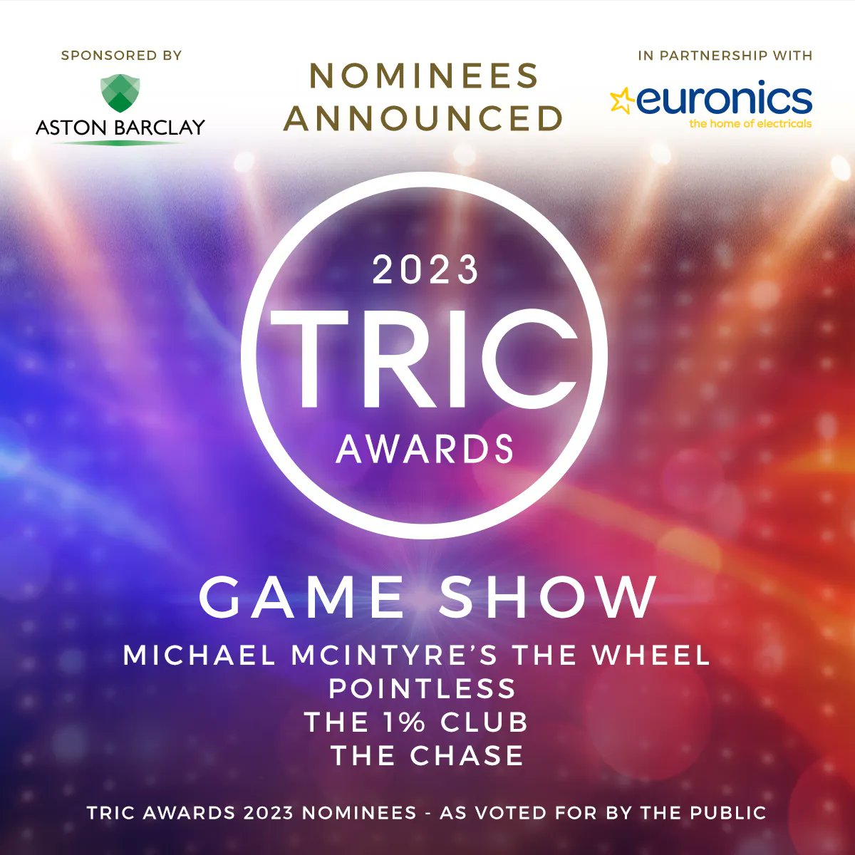 Exciting News for the 2023 #TRICawards in partnership with @euronics_UK 

The shortlist nominees in the Game Show Category, voted for by you, are…

@McInTweet The Wheel
@TVsPointless 
@1PercentClubITV
@ITVChase

Sponsored by @AstonAuctions 

buff.ly/2Vye1eK