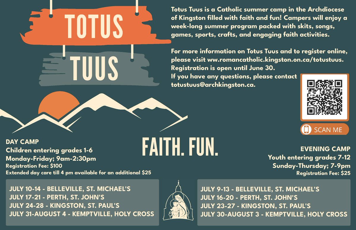 The Archdiocese of Kingston is offering Totus Tuus weeklong summer camps for students in grades 1-6 and grades 7-12 in Kingston, Belleville, Perth and Kemptville this summer. 
Register today: bit.ly/3MM26kn