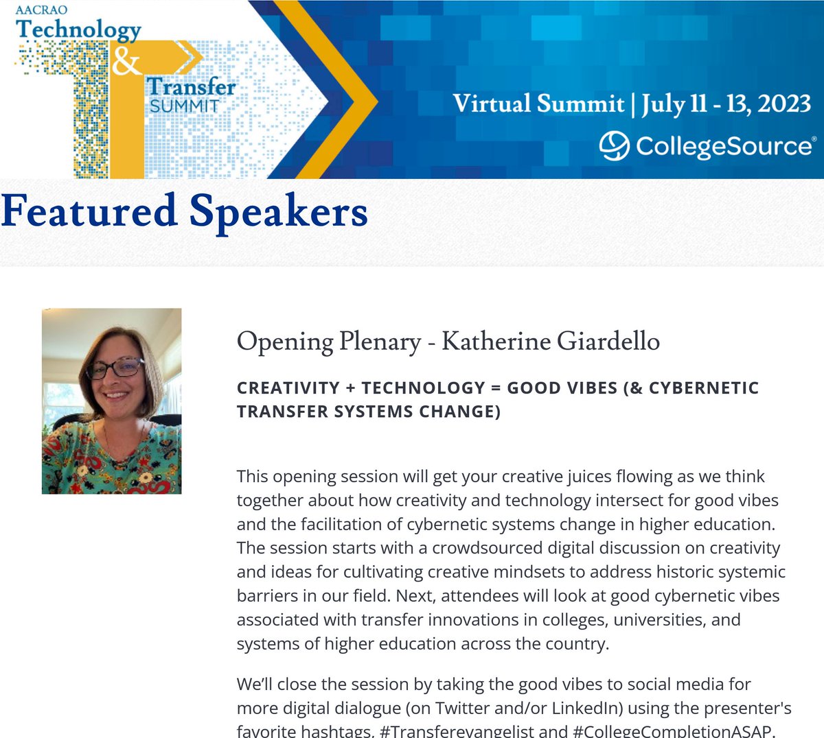 KatieGiardello's tweet image. I am pretty excited to kick off the AACRAO #TechTransfer2023 virtual summit next month! Register to join us at bit.ly/3X9sUA2. #TransferEvangelistTour #CollegeCompletionASAP #StudentSuccess #TransferMatters