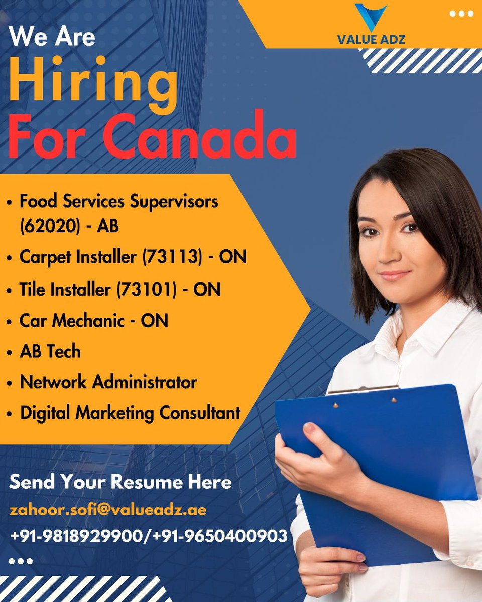 ValueAdz's tweet photo. We Are Hiring For Canada😍
Hurry Up And Send Your Resume 
+91-9650400903
+91-9818929900
zahoor.sofi@valueadz.ae
sm@valueadz.ae
#hiring #hiringnow #canadahiring #mechanic #networkadministrator #digitalmarketing #tileinstaller #carpetinstaller #foodservice #supervisor #hiringalert https://t.co/EZfliXcuh0