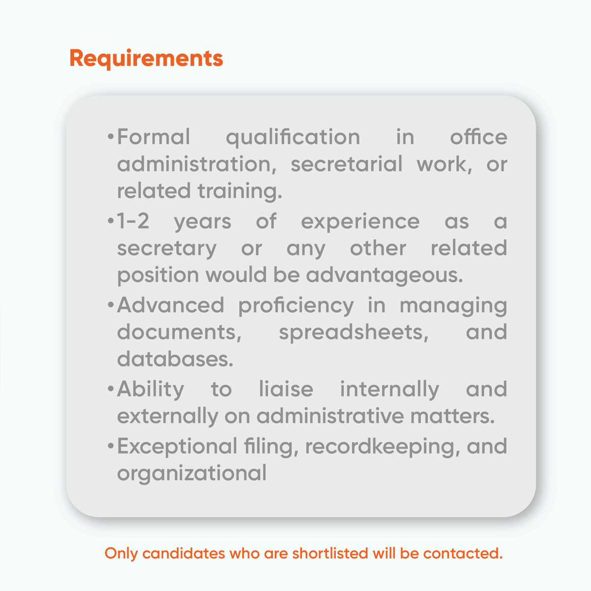 To be considered for the job, please apply by sending your application to jobs@shugulika.com.

Please note that only candidates who are shortlisted will be contacted. 

#Secretary #AdministrativeJobs #ExecutiveAssistant #AdministrativeAssistant #SecretaryRole #JobOpening