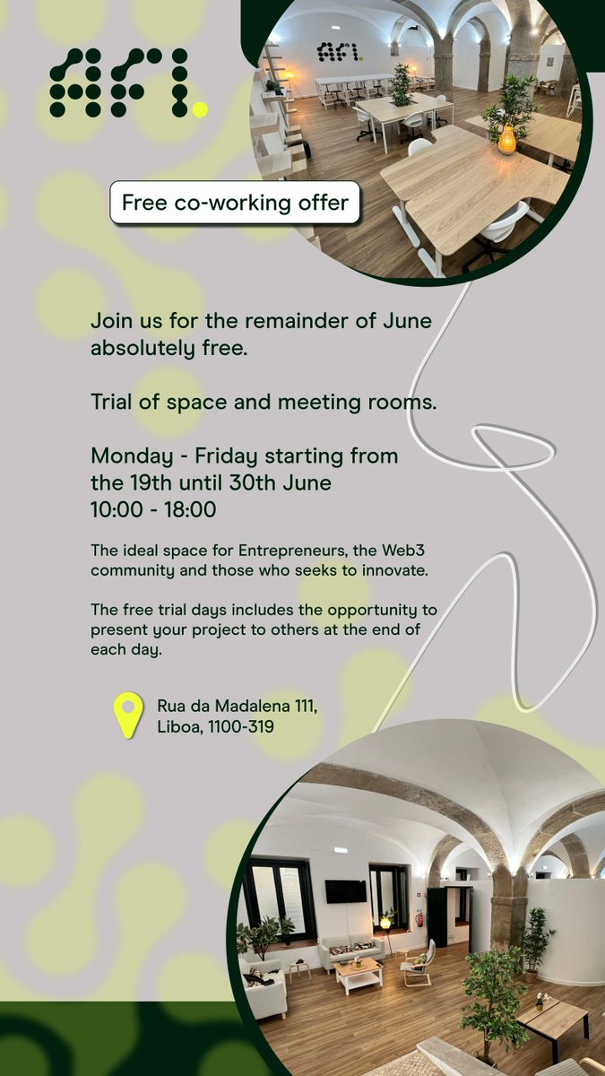 AFI_Network's tweet photo. Experience AFI Network's Opening Week. Dive into Lisbon's vibrant entrepreneurial scene, explore our cutting-edge workspace, and make valuable connections. Entry is free, welcoming you to a world of opportunity.

#AFINetwork #LisbonStartups #CoWorkingSpaces #Web3Community https://t.co/SISHt2Fl8w