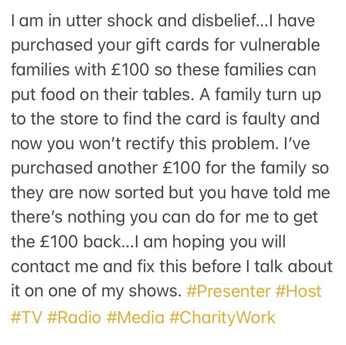 JSmith2803's tweet photo. @Morrisons @MorrisonsNews I am in utter shock and disbelief…I have purchased your gift cards for vulnerable families with £100 so these families can put food on their tables. A family turn up to the store and the card didn’t work….See photo below for rest of story…😡 https://t.co/wMt5yxGx0t