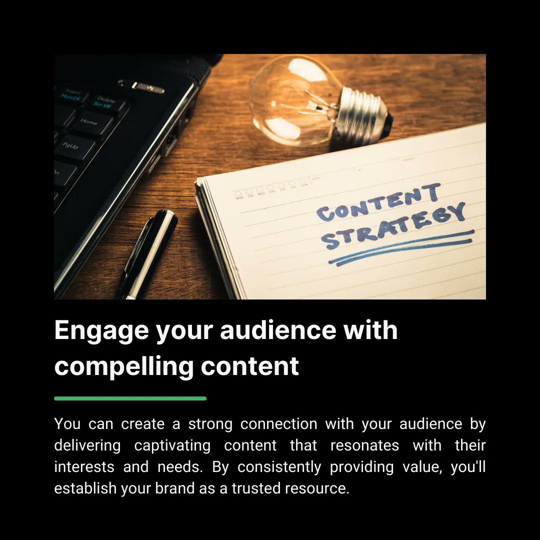 💡✍️ Want to captivate your audience? 

It starts with compelling content! 🎯🔥 . By consistently providing value, you'll establish trust, build brand loyalty, and create lasting connections. Let's dive into the art of captivating content creation! #CaptivatingContent
