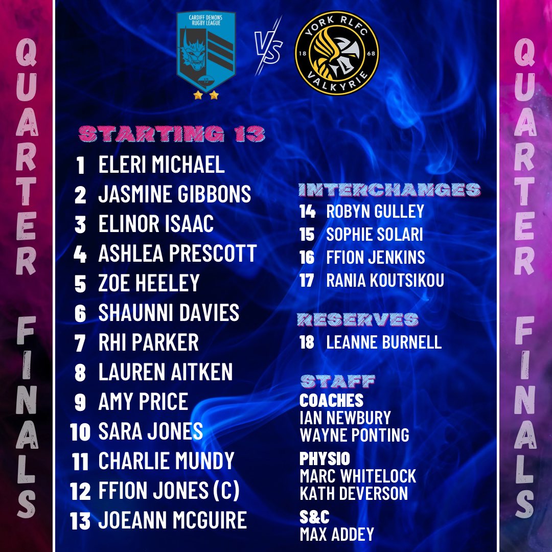 🔊Team News🔊 

Here’s our squad travelling to York tomorrow ready for our Quarter Final Clash against @YorkValkyrie on Sunday💪🏼

#WomensRugbyLeague #CardiffDemons #ChallengeCup #QuarterFinal #Clash #SquadAnnouncement #SquadGoals #TeamNews #KweensOfTheSouth #UppaDemons #LetsGo