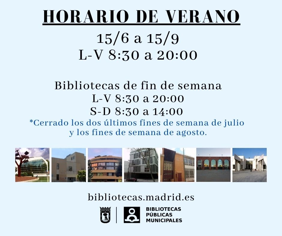 #bpmInforma⬇️
📅Comenzamos el horario de verano, del 15 de junio al 15 de septiembre.
➡️Además, algunas bibliotecas pueden sufrir incidencias en su horario habitual.
📷Consulta nuestra web antes de acudir a tu biblioteca👉 cutt.ly/MJKSB1m
#bibliotecaspublicas