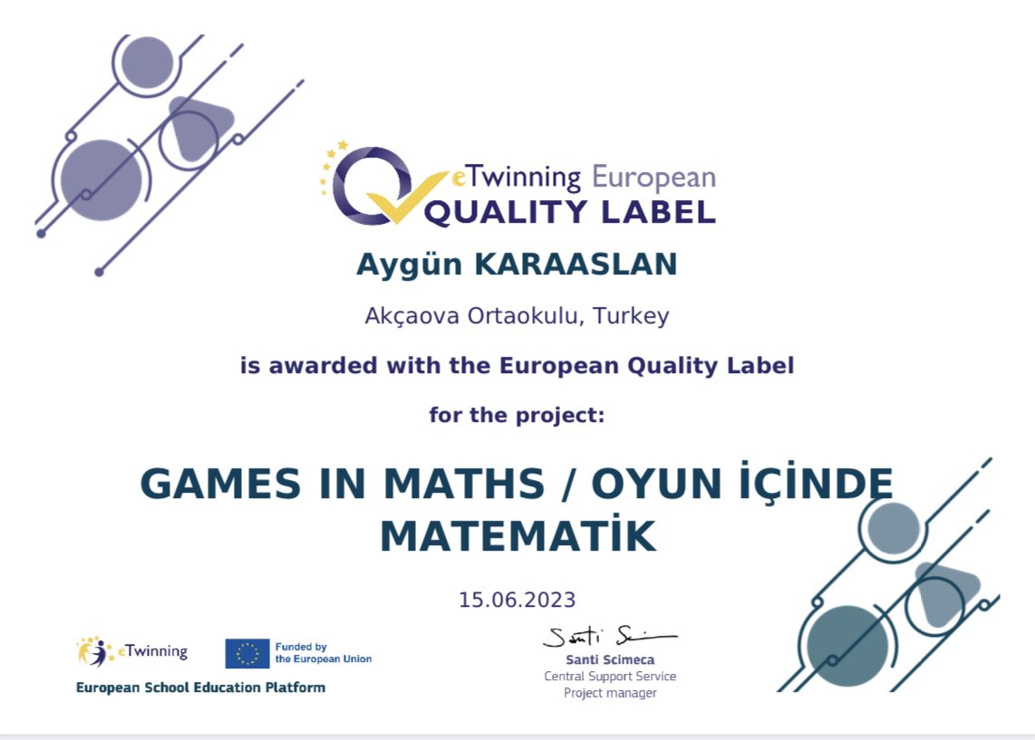 Akçaova Ortaokulu (@akcaovaortaokul) on Twitter photo Okulumuz Matematik öğretmeni Aygün Karaaslan’ın kurucusu olduğu "Games in Maths (Oyun İçinde Matematik)" adlı eTwinning projesi Avrupa Kalite Etiketi almaya hak kazanmıştır. 💪🏅🇪🇺 <a href="/eTwinningAydin/">eTwinning Aydın</a> <a href="/CineIlce/">Çine İlçe Milli Eğitim</a> <a href="/KYavuzkan/">Sadık Yavuzkan</a> <a href="/aygun_karaaslan/">Aygün KARAASLAN</a> Okulumuz Matematik öğretmeni Aygün Karaaslan’ın kurucusu olduğu "Games in Maths (Oyun İçinde Matematik)" adlı eTwinning projesi Avrupa Kalite Etiketi almaya hak kazanmıştır. 💪🏅🇪🇺 <a href="/eTwinningAydin/">eTwinning Aydın</a> <a href="/CineIlce/">Çine İlçe Milli Eğitim</a> <a href="/KYavuzkan/">Sadık Yavuzkan</a> <a href="/aygun_karaaslan/">Aygün KARAASLAN</a>