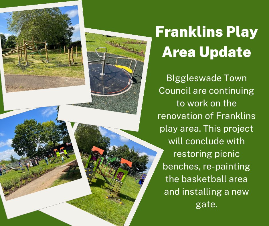 Franklins Play Area is still undergoing further renovation works🌿

Stay updated by following the Town Councils social channels📩

Instagram: instagram.com/biggleswadetc/
Facebook: facebook.com/BiggleswadeTC
Twitter: x.com/BiggleswadeTC
#biggleswadeplayareas
#biggleswadetowncouncil