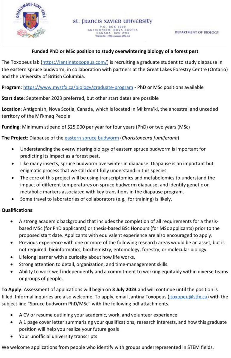 Fully-Funded PhD or MSc position in Canada 

Suitable for students with interest (&background) in Zoology, Entomology, Biology, Bioinformatics, Molecular Biology, and related fields.

Application review will start on 3 July and open until filled. 

Please apply👇

The student…