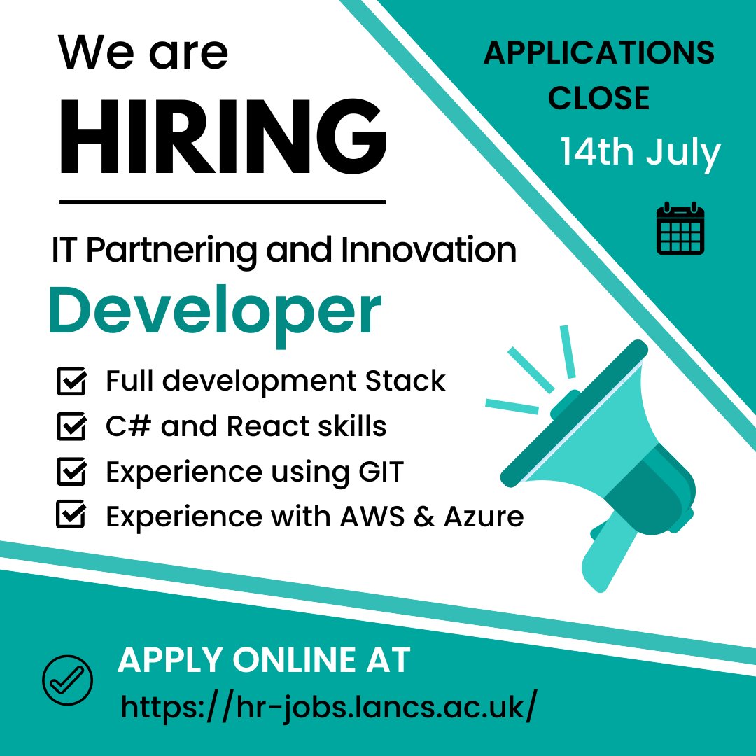 We are Hiring!

Link here: hr-jobs.lancs.ac.uk/Vacancy.aspx?r…

We are searching for a developer to play a role in our creative and forward-thinking team. The main purpose of this role is to be a developer throughout the full development stack on our innovation and mobile solutions.